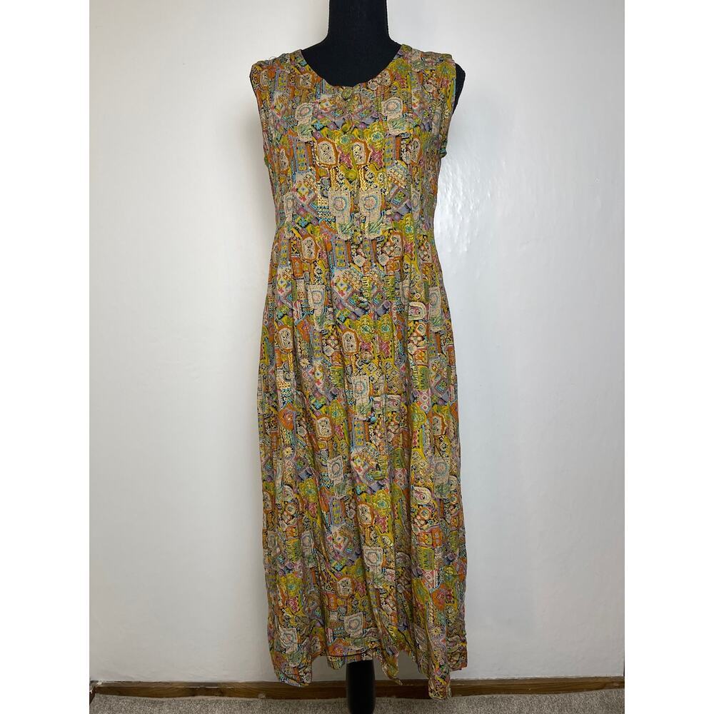 Unique Fashion Women's Artzy Abstract Lagenlook Indie Retro Midi Dress Gold S/M